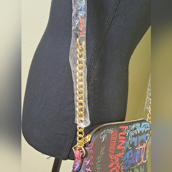 Black Graffiti Printed PU Leather Crossbody Bag with Chain Strap NWT - Picture 12 of 15